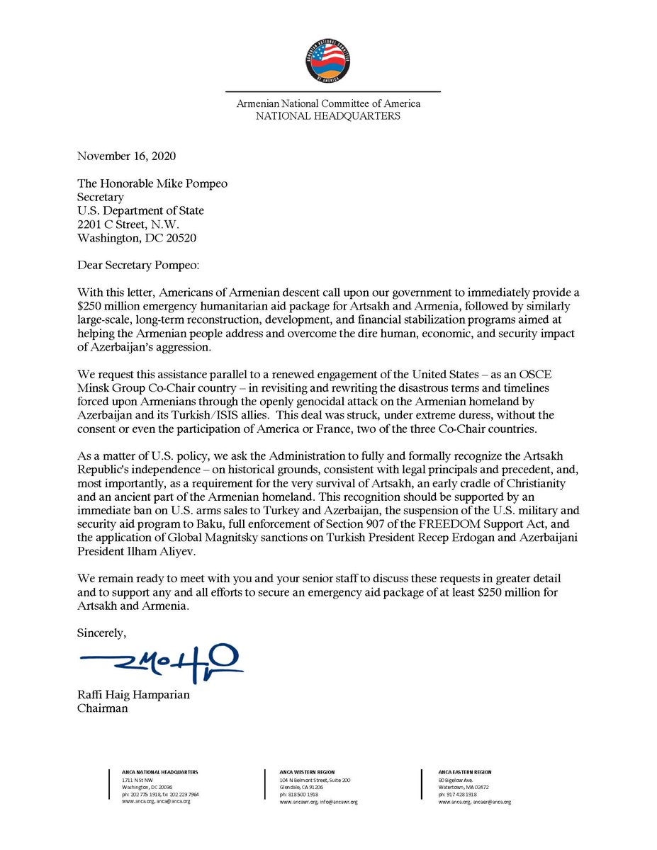 ANCA_DC's tweet photo. Call for $250,000,000 in emergency aid to #Artsakh &amp; #Armenia by taking action at https://t.co/fpxukdsbkV.

FULL TEXT of ANCA letter requesting US humanitarian, reconstruction, development &amp; financial stabilization aid; OSCE re-engagement, and; sanctions on Turkey &amp; Azerbaijan. https://t.co/WiqsSyvunP