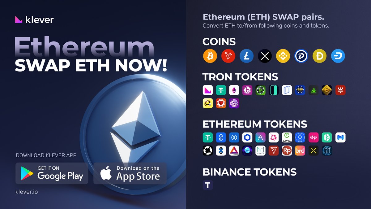💙 Swap $ETH to/from 8 coins & 37 tokens in @klever_io! Convert #Ethereum  to/from: $BTC, $TRX, $LTC, $XRP, $BNB, $DGB, $DOGE & $DASH Swap #ETH with  $KLV & 36 other #TRON & #