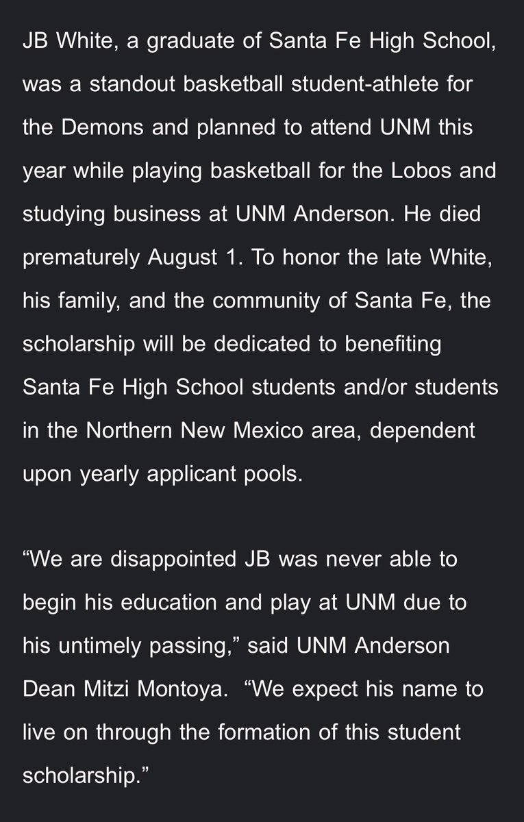 The UNM Anderson School of Management established the JB White Memorial Scholarship for future Santa Fe High School students looking to get a business degree from UNM. 

Paul Weir donated his teaching salary from Fall 2020 and an additional personal donation.