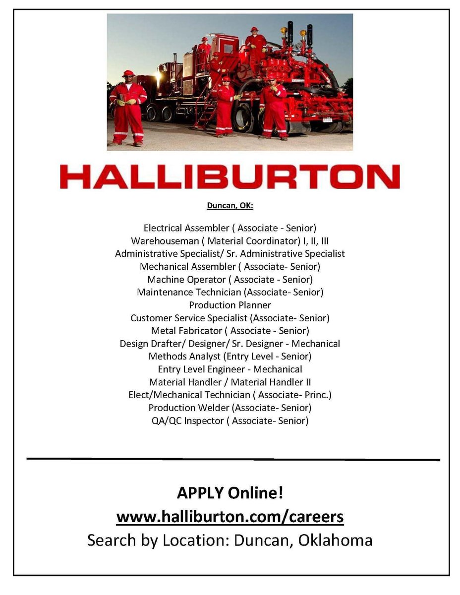 DuncanAreaEcDev's tweet photo. @Halliburton announced today that they are hiring employees for their Duncan, Oklahoma manufacturing location with applications due immediately for interviews starting as soon as Fri, Nov 20.

For job descriptions &amp; to apply: https://t.co/4hfFd5nyjd search by location: Duncan, OK https://t.co/bCAUzaKJjg