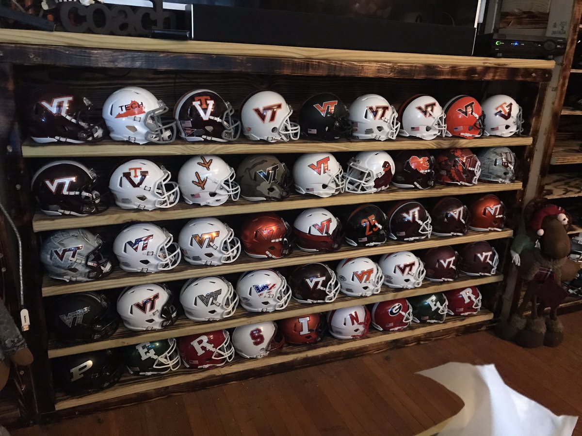 Virginia Tech helmet collection finally complete thanks @Hokie20 your helmet history page was basically my guide to making sure I got each helmet and in the correct order #helmetcollection #finallydone #atleasttiltheybreakoutanotherhelmet