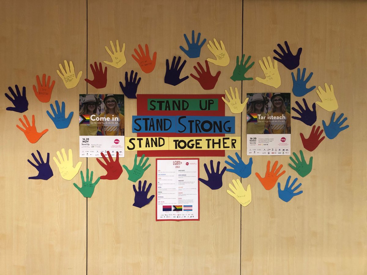 CBS_Enniscorthy's tweet photo. The TY art students were busy creating their display for the 2020 #StandUpAwareness Week, to raise awareness and take a stand against LGBTI+ Bullying. #InThisTogether #LGBTI+ #Belong #Wellbeing https://t.co/KCEsvhutGm