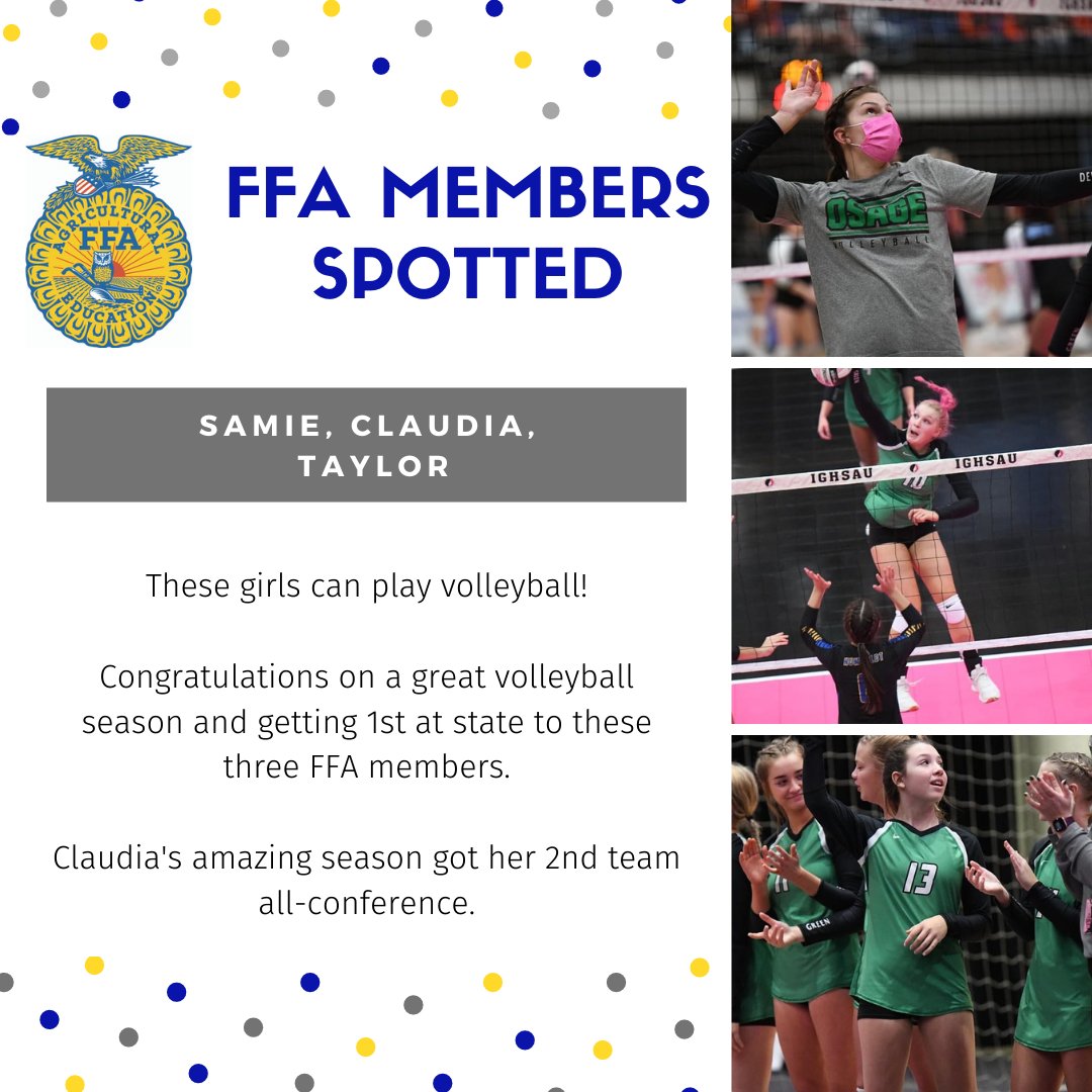 OsageFFA's tweet photo. We were so excited to spot these three FFA members playing volleyball at the state tournament earlier this month! Congratulations to the entire volleyball team with their great season. https://t.co/mVps2ozZ9M