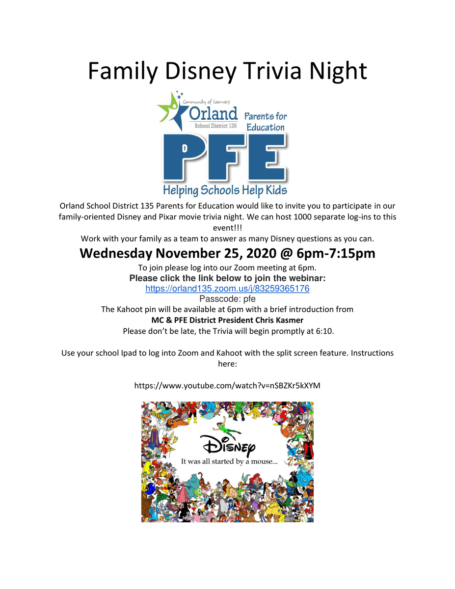 OSD135's tweet photo. Next Wednesday, November 25, join the OSD135 PFE for their family-oriented Disney and Pixar movie virtual trivia night! Check out the flyer for more information! #OSD135 #135learns  🎥💻 https://t.co/DjOFFc58wS