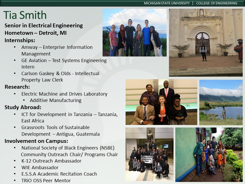 futuremsuegr's tweet photo. Our next ambassador is Tia Smith.  She is a senior studying Electrical Engineering. If you have any questions or would like more info on MSU engineering or Electrical Engineering email us at futurespartanengineers@gmail.com or visit our website today at: https://t.co/le8czRsSCq. https://t.co/YdMNZW0RyG