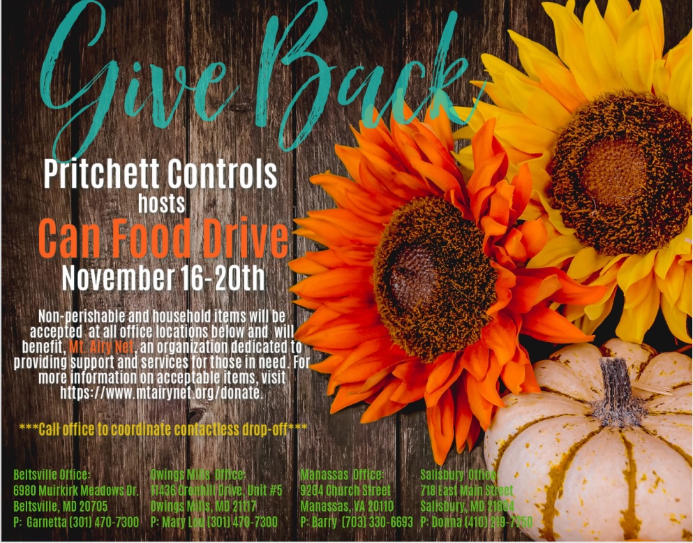 PritchettCtrls's tweet photo. In the spirit of giving back, Pritchett Controls is hosting a Can Food Drive this week,  November 16-20th. All are welcome to participate! #PritchettControls #canfooddrive https://t.co/MSqVGOQLbZ