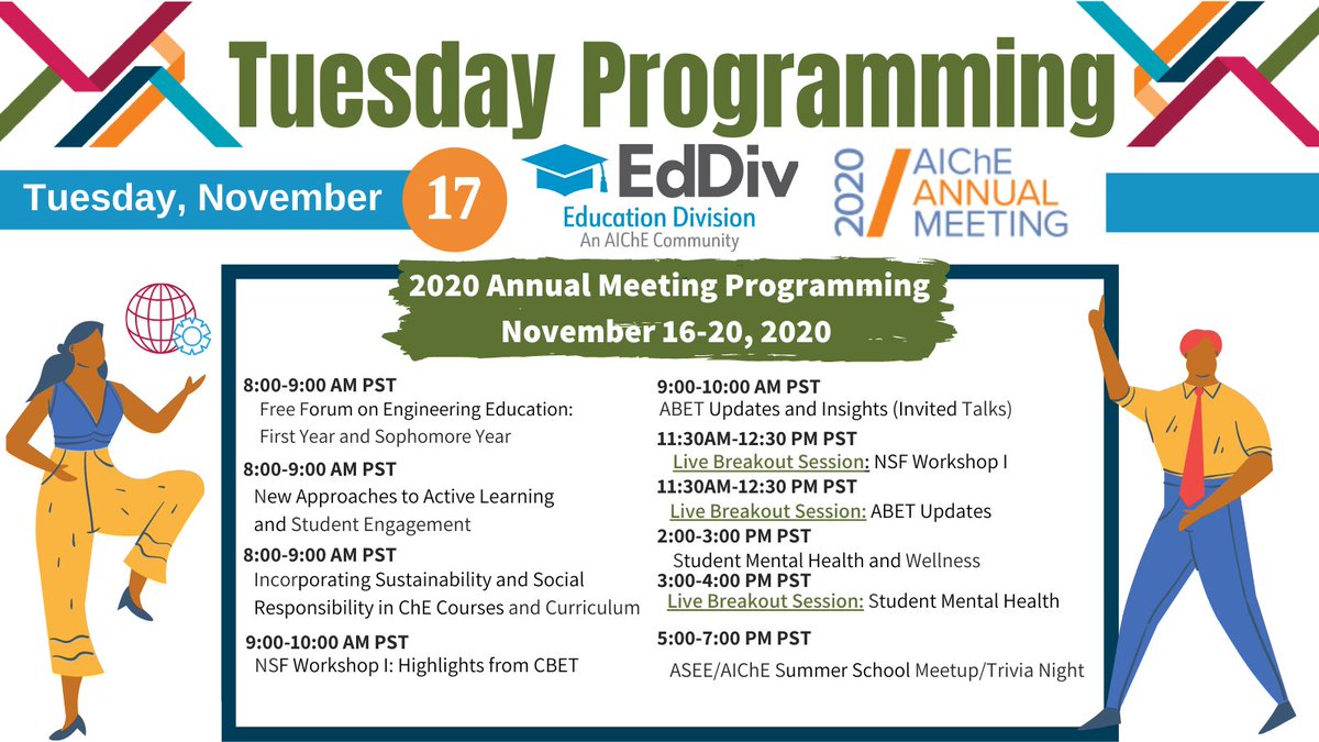 aicheeddiv's tweet photo. Look into the #AIChE2020 Education Division Programming for Tuesday, November 17th! Please share!!! https://t.co/wFKkgRWYP6 https://t.co/wSsnQWAh3i