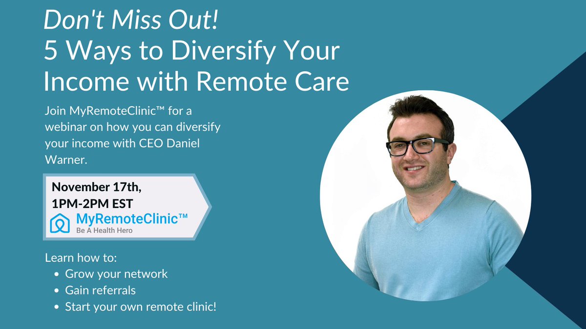 myremoteclinic's tweet photo. Our webinar on 5 Ways to Diversify Your Income is coming up TOMORROW! If you’re looking for ways to make passive income or are interested in starting your own remote clinic, this is the webinar for you!

Sign up here: https://t.co/3HbkLS4Hps https://t.co/dwNs8BZ66S