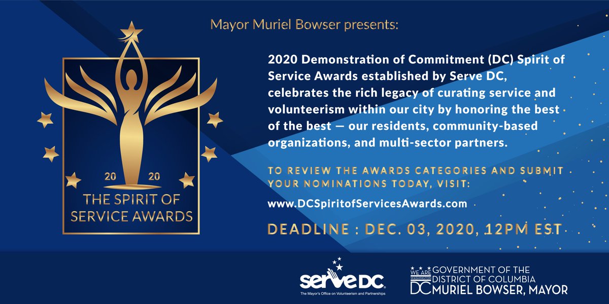 ServeDC's tweet photo. CALLING FOR NOMINATIONS!
We want YOUR picks for Mayor Muriel Bowser's 2020 D.C. Spirit of Service Awards.
Get involved:
Step 1: Nominate individuals and organizations by Dec. 3 at https://t.co/vlcjEpUtA4
Step 2: Retweet and use #DCSpiritOfService to amplify our posts! https://t.co/WRVWENTCte