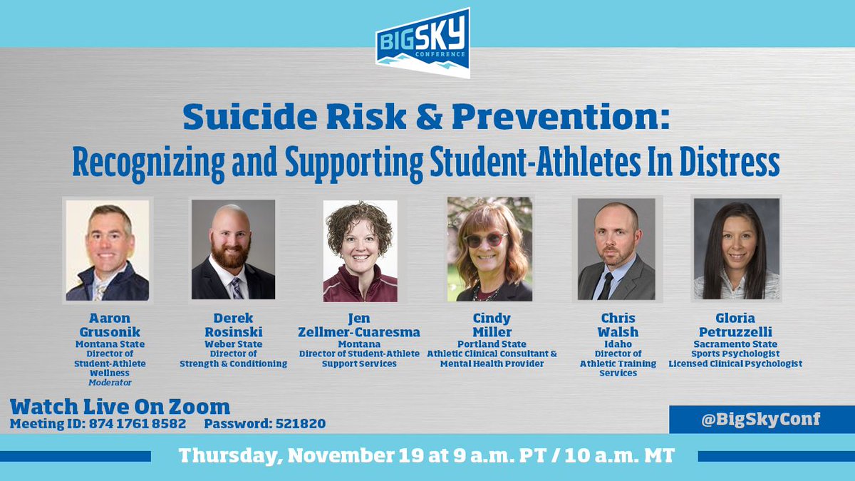 BigSkyConf's tweet photo. Join us this Thursday at 9am PT/10am MT...Suicide and Risk Prevention: Recognizing and Supporting Student-Athletes in Distress. This event is open to all.

#ExperienceElevated https://t.co/WJtQ5e6fZ7