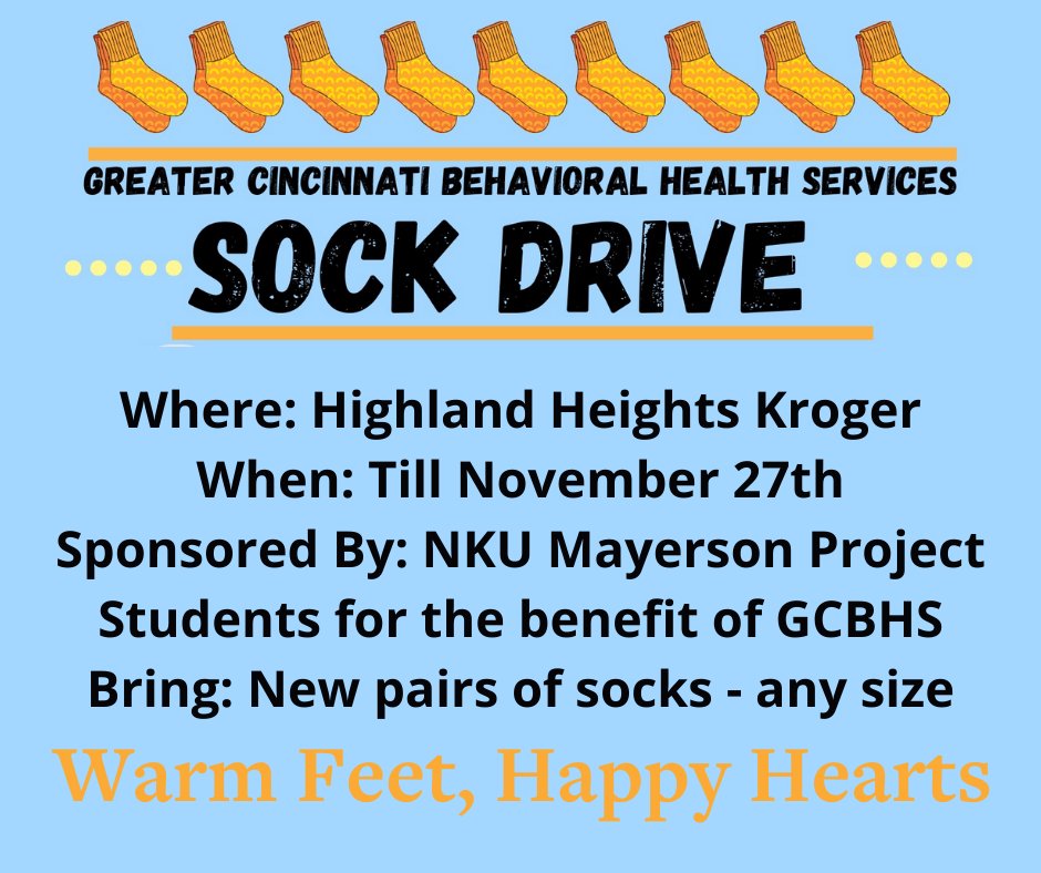 We are very honored that some <a href="/nkuedu/">Northern Kentucky University</a> neuroscience students have decided to hold a sock drive for GCBHS clients as part of the Mayerson Student Philanthropy Project. Socks are very much needed during the winter. Share with your NKY friends and family! <a href="/NKUScripps/">ScrippsHowardNKU</a>  #LIFEchanging
