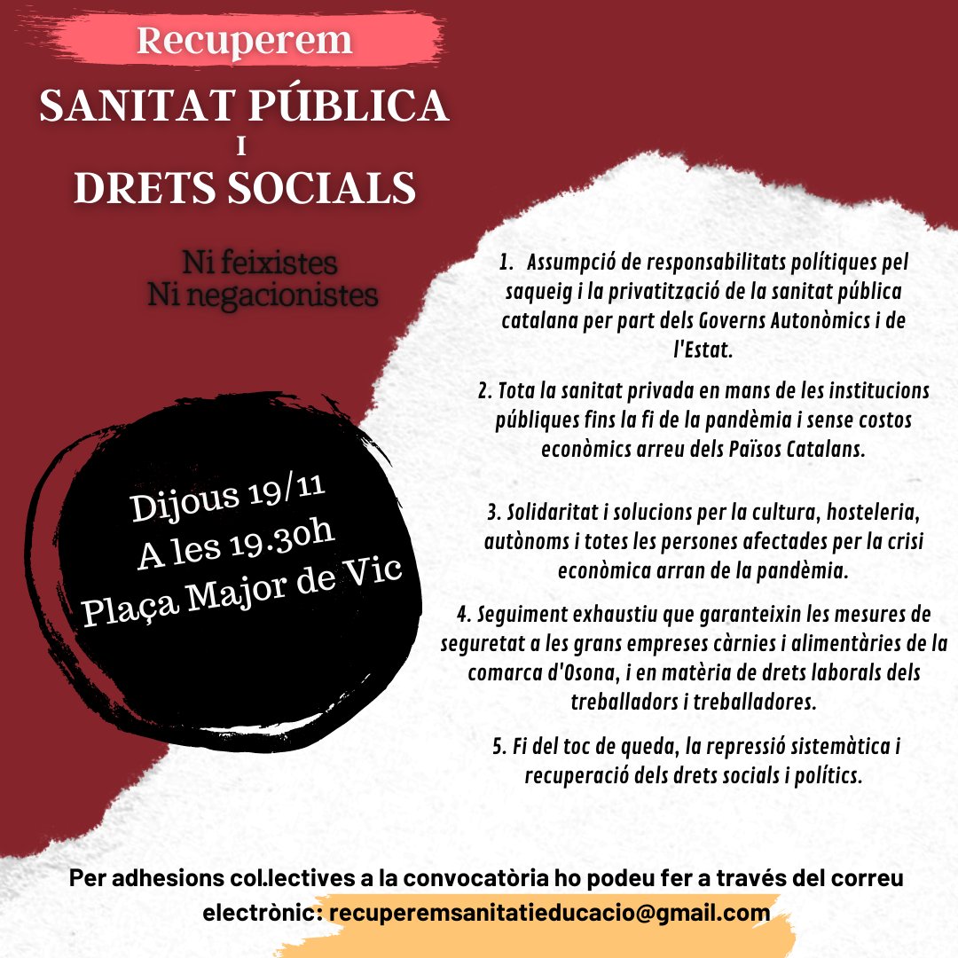 SanitatiD's tweet photo. Per adhesions col·lectives a la protesta de dijous a plaça les podeu fer arribar a recuperemsanitatieducacio@gmail.com 
#RecuperemSanitatPublica #RecuperemDretsSocials #Vic #Osona #Drets #SanitatPublica https://t.co/hNDEr6lRqh