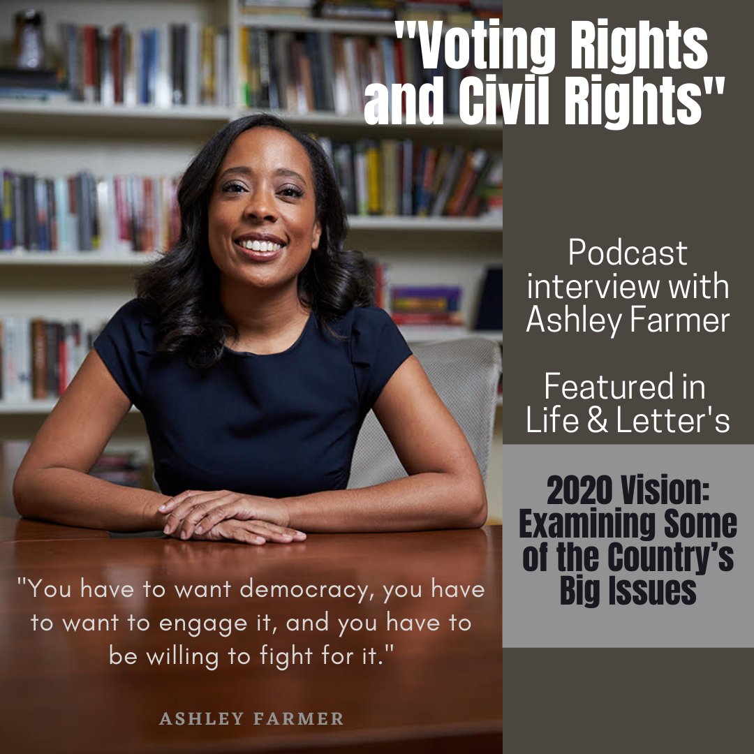 UT_HistDept's tweet photo. Be sure to listen to the @drashleyfarmer podcast discussion on "Voting Rights and Civil Rights," in Life & Letter's feature "2020 Vision: Examining Some of the Countryโs Big Issues," including her podcast interview.
Read more here: https://t.co/Wk1HYXeery
#uthistory https://t.co/vww9PzEo1g