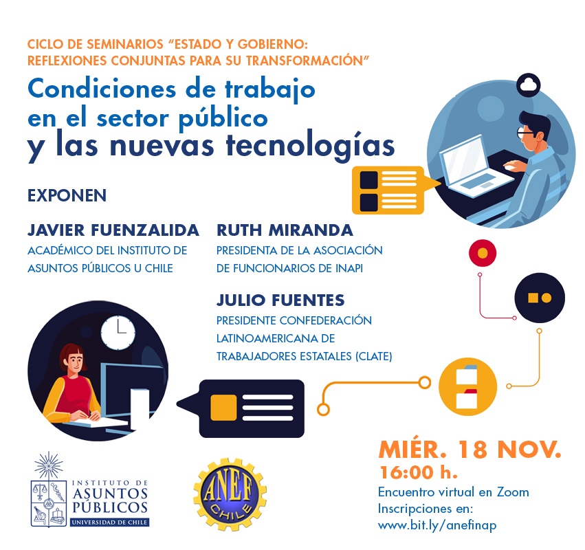 anefchile's tweet photo. 📌 Seminario INAP-ANEF: "Condiciones de trabajo en el sector público y las nuevas tecnologías".
📆 Miércoles 18 de octubre.
🕰 16:00 horas.
🔹 Ruth Miranda #ANFINAPI.
🔹 Julio Fuentes #CLATE.
🔹 Javier Fuenzalida, INAP-U. de Chile.
✍️ Inscripciones: https://t.co/jsZ6t8A2Ge https://t.co/5opbNkhTp6