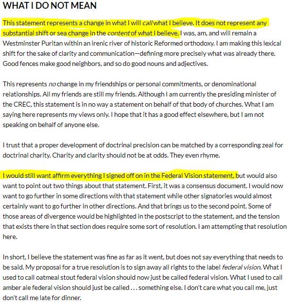 The tenets of the Joint Federal Vision Profession, which Wilson wrote in 2007 and reaffirmed in 2017, are:• A 2-part justification process• Theonomy• Baptismal regeneration• Paedocommunion (also known as infant communion)• Emphasis on political involvement.....