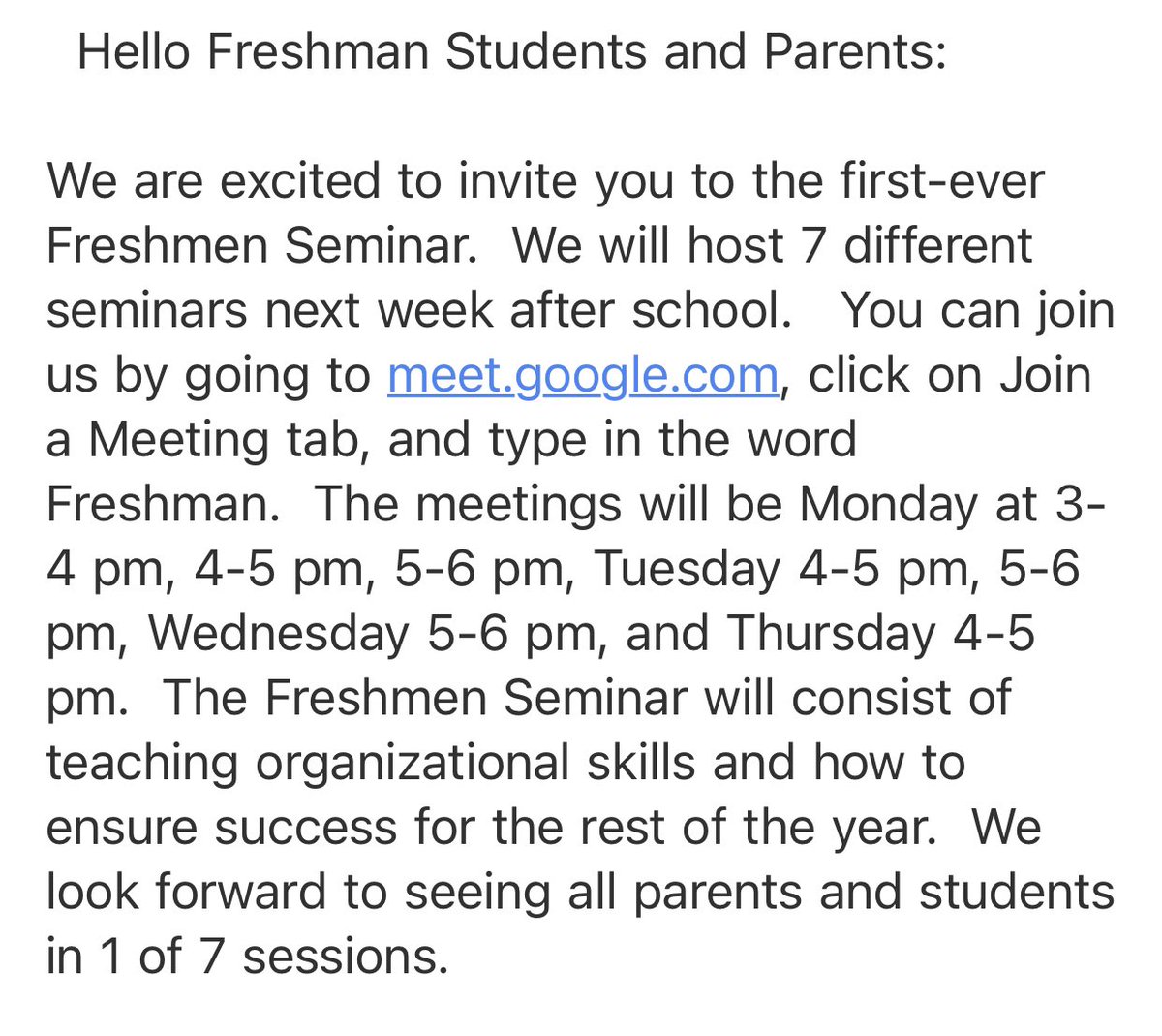 Hello Freshman Students and Parents: We are excited to invite you to the first-ever Freshmen Seminar.