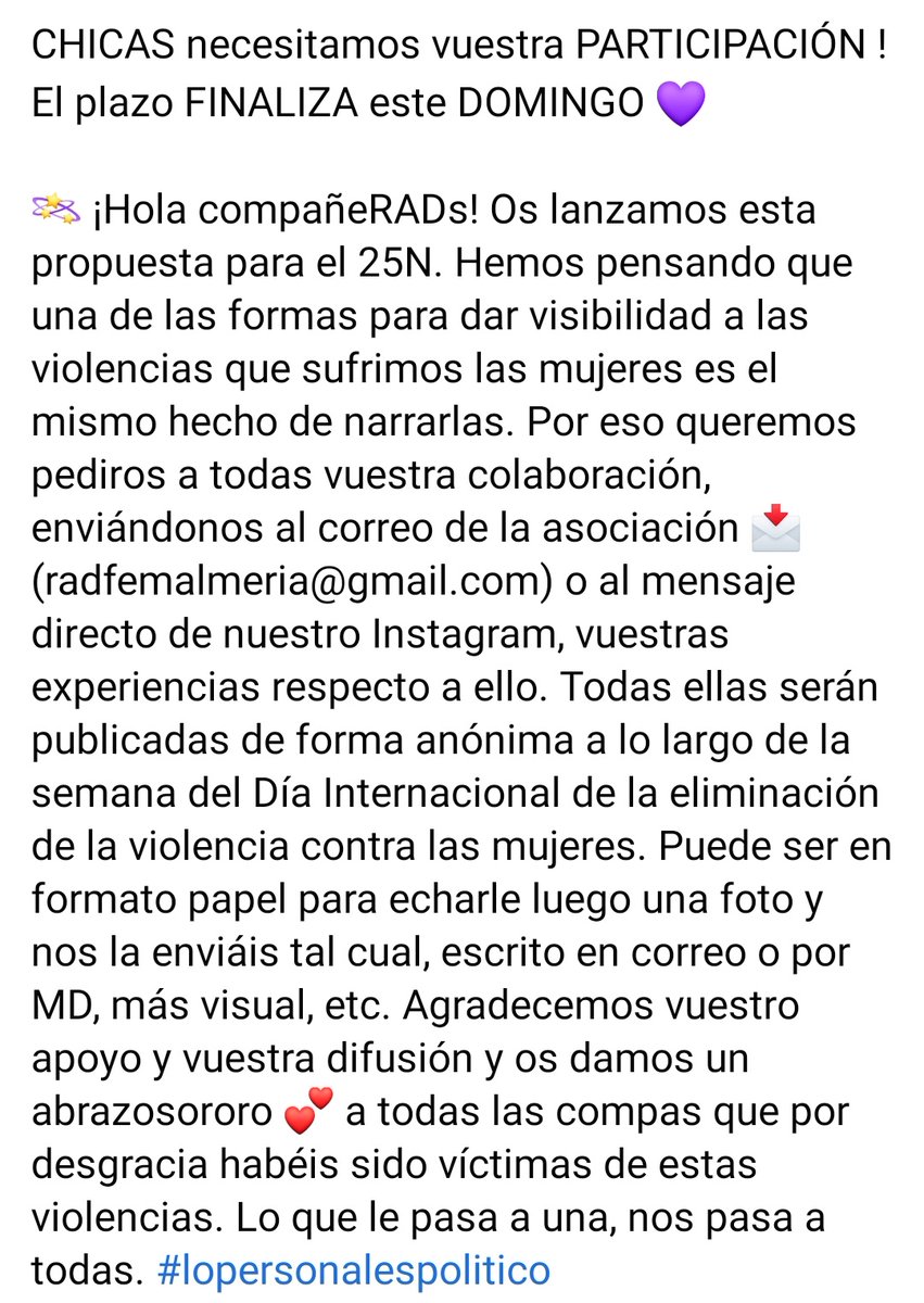 radfemalmeria's tweet photo. Compas, os agradeceríamos máxima difusión y participación. Sabemos que en Twitter todavía no estamos muy activas pero nos encantaría que llegara a más mujeres 😍💜 https://t.co/yR9vU55reW
