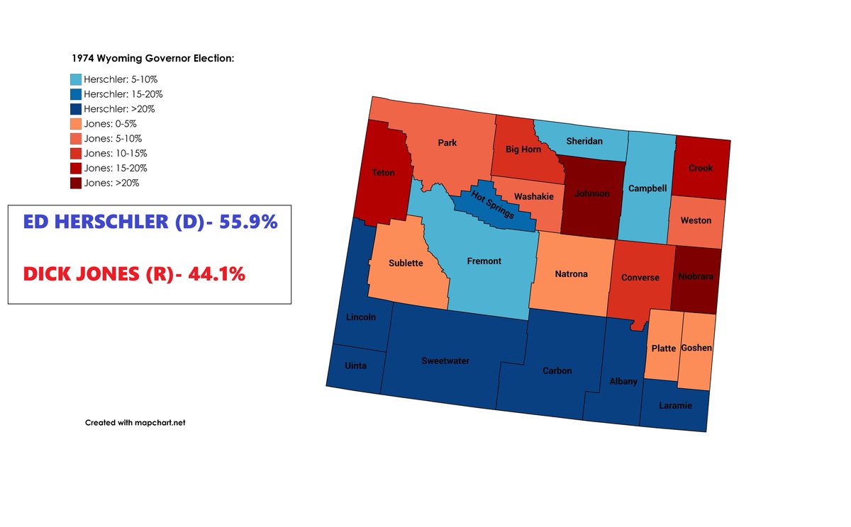 The final Governor flip in 1974 came in Wyoming. Democratic State Rep Ed Herschler defeated Republican State Senator Dick Jones to flip the state from red to blue. Fun fact about Jones, he beat future US Senator Malcolm Wallop in the primary!