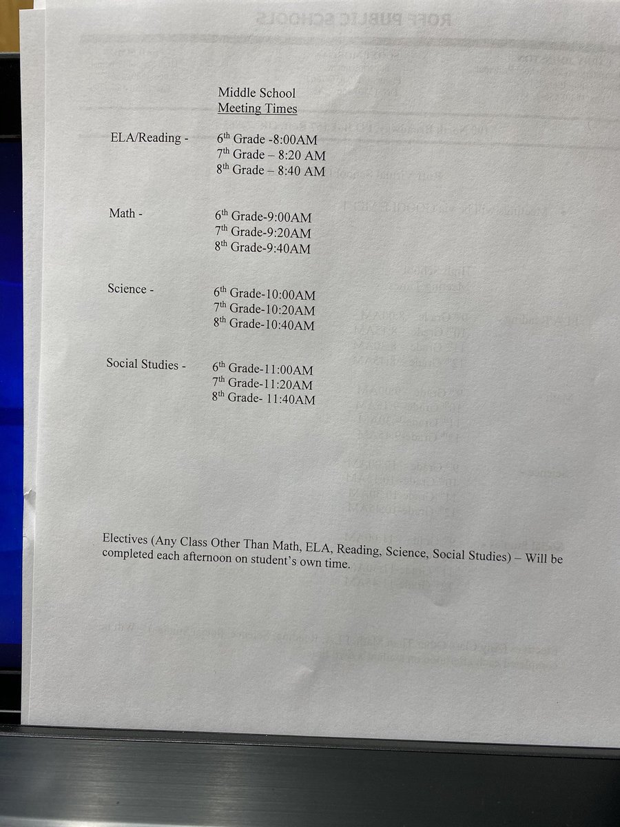 Middle School Virtual Day schedule