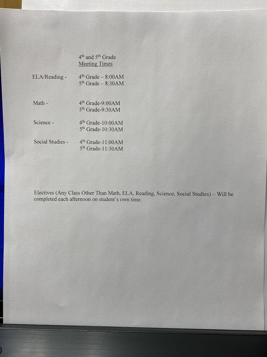 4th and 5th grade Virtual Day schedule