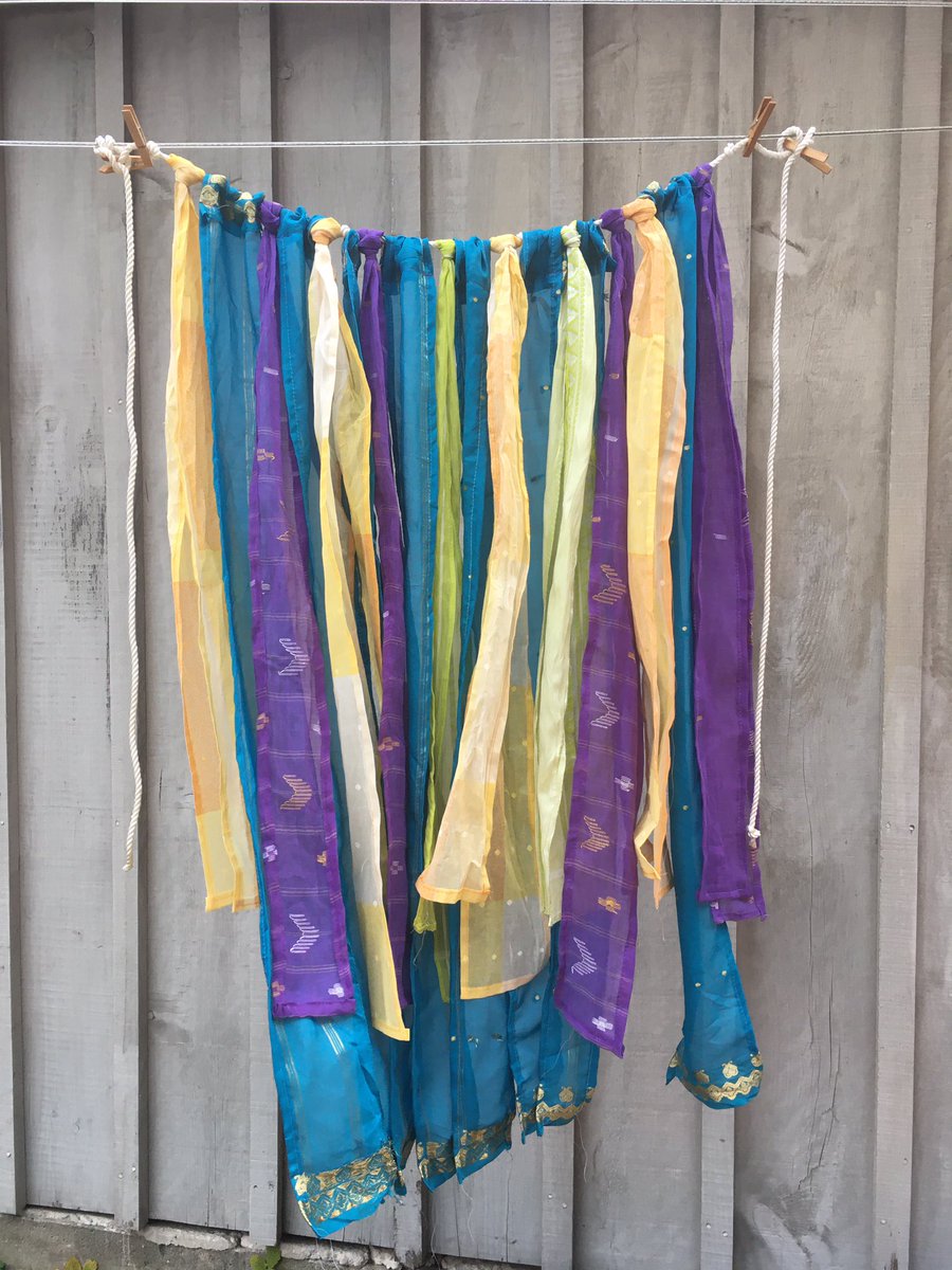 mapquilt's tweet photo. I made this fabric decoration out of saris to add some colour to the forest at my children’s school. With COVID students are doing a lot of learning outside this year.🥻🧵❤️🌳🌲🌿
#outdoorlearning #forestschool #forestdecor #kwawesome #kitchenerwaterloo #uptownwaterloo #wrdsb https://t.co/nY8MVUwZUw