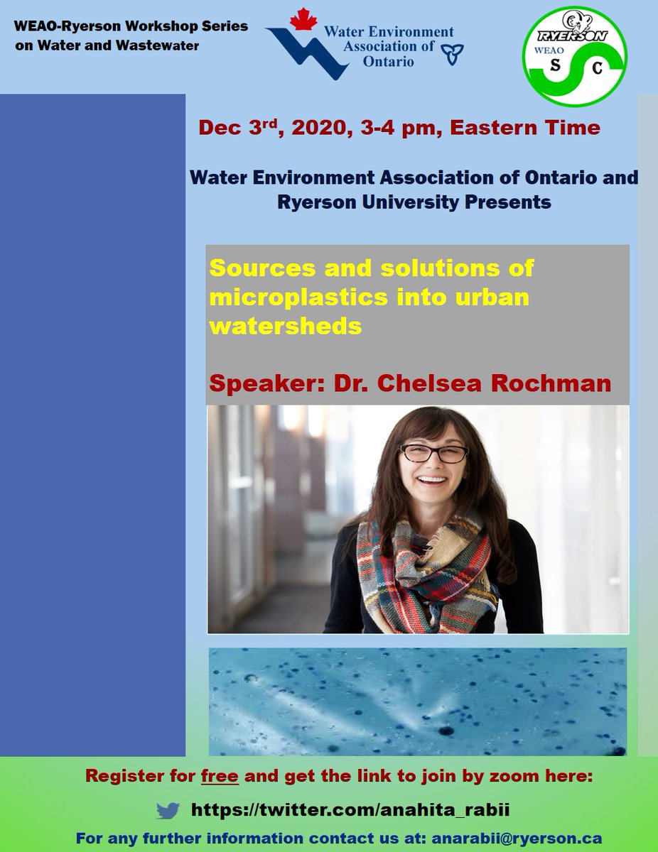 Would you like to learn about new findings on the sources and solutions of microplastics into urban watersheds?
Join the WEAO-Ryerson Workshop Series with Dr. Chelsea Rochman.
Link to free registration:
docs.google.com/forms/d/1JEX_F…