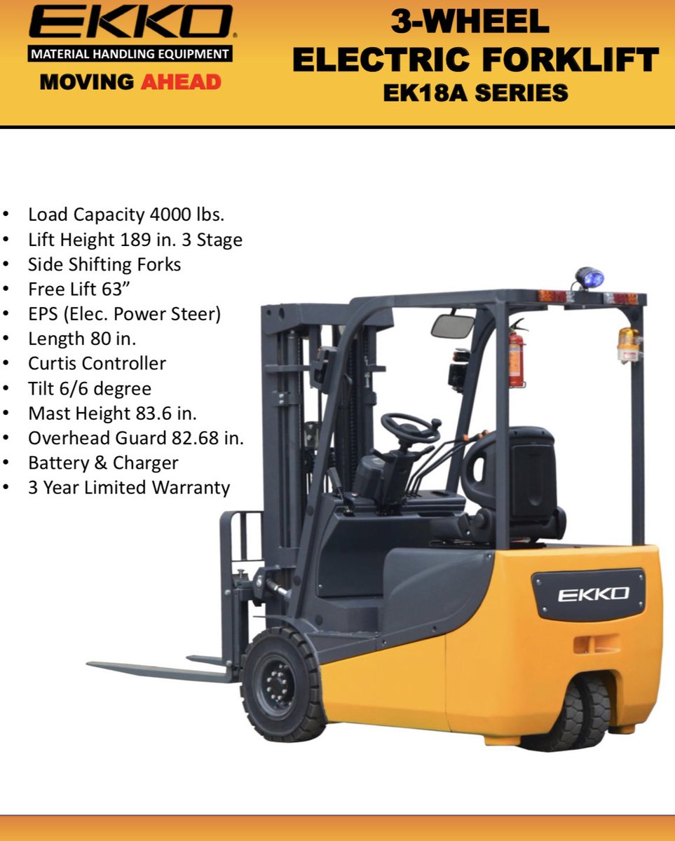 Harriso19517932's tweet photo. #EKKO EK18A 3Wheel electric forklift,4000lb,189"Height,48V/420Ah Battery,Side Shift. https://t.co/TtlXiBA4De #lifttruck #lifttrucks #forklifts #forklift #powerstacker #3WheelForklift https://t.co/zEK7ciUYfe
