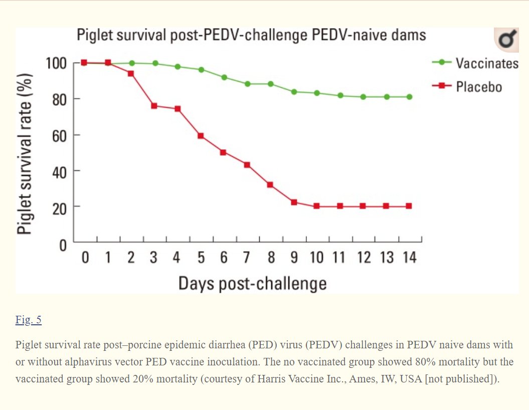 PED hit the US in May 2013. By June 2014, Harris Vaccine Tech had received DoA conditional license for its vaccine. This vaccine put the spike protein of the PED virus into their the SirraVax RNA particle platformThe vaccine was highly effective in *challenge* trials