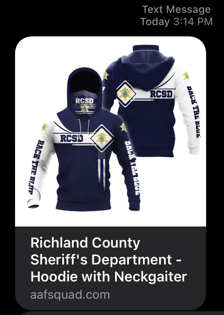 RCSD's tweet image. 🚨It has come to our attention that a text message is circulating that appears to come from RCSD, selling a hoodie and neck gaiter. Please be aware that this is NOT from our department and we are NOT selling these items. 🚨