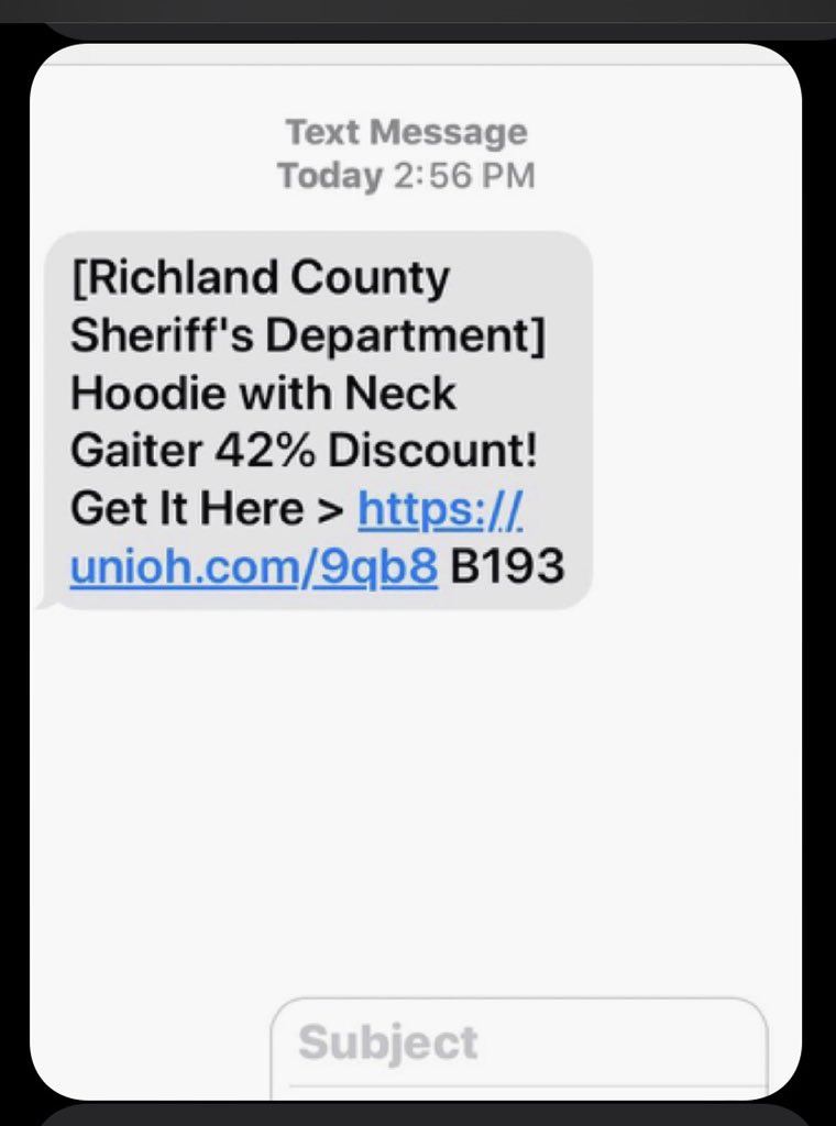 RCSD's tweet image. 🚨It has come to our attention that a text message is circulating that appears to come from RCSD, selling a hoodie and neck gaiter. Please be aware that this is NOT from our department and we are NOT selling these items. 🚨