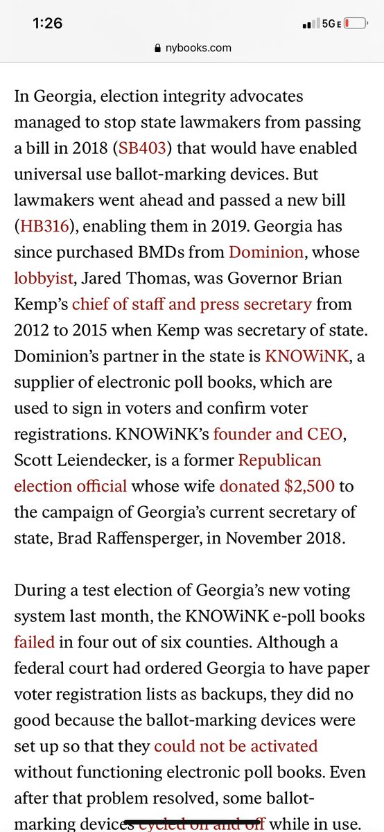 8/ But Dominion underbid ES&S and a Dominion lobbyist had previously served as  @BrianKempGA’s chief of staff. Dominion’s partner, e-pollbook supplier Knowink, is managed by a former Republican election official whose wife had donated 2  @GaSecofState (R).  https://www.nybooks.com/daily/2019/12/17/how-new-voting-machines-could-hack-our-democracy/