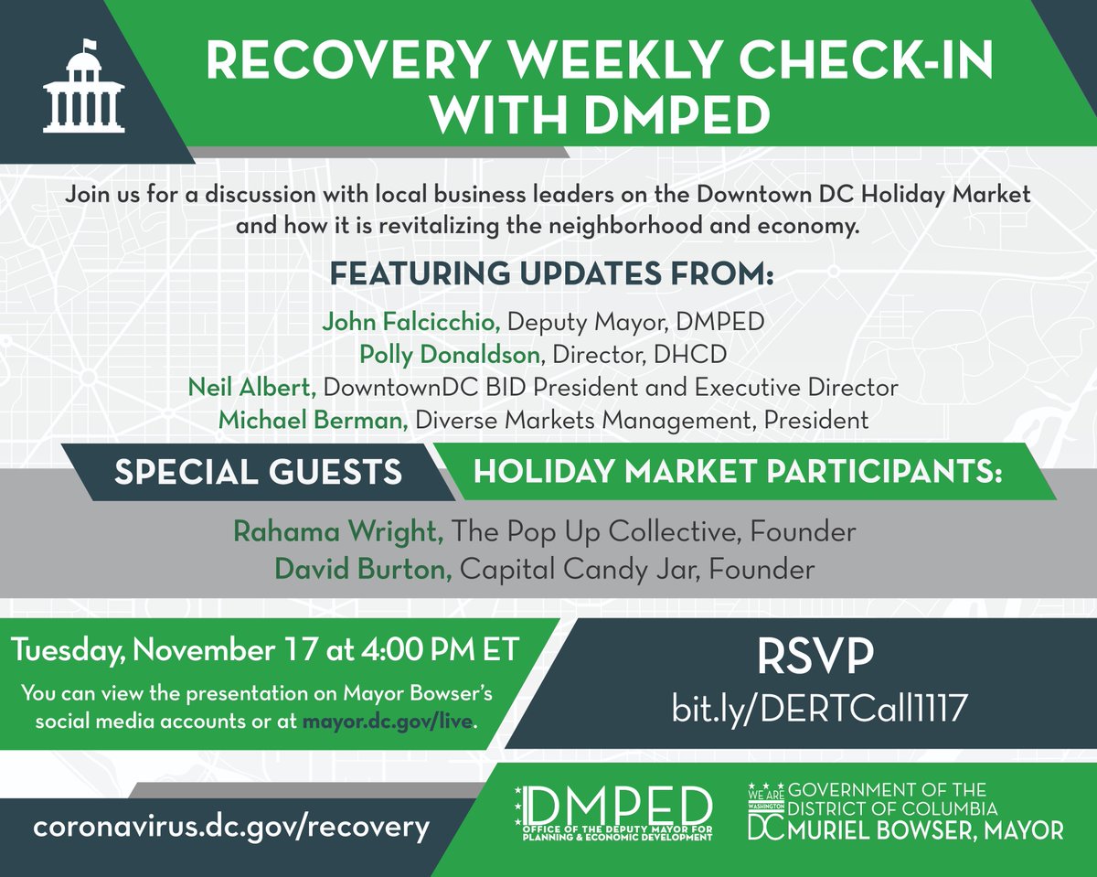 DowntownDCBID's tweet image. Save the date for TOMORROW, 11/17 @ 4PM for #DCBiz Community TeleTownhall w/ @DMPEDDC. This week&apos;s topic focuses on #smallbusinesses in #DowntownDC ft&apos;ing @DowntownDCBID&apos;s president @neilalbertdc, @DtwnHolidayMkt, @rahamatuwright &amp;amp; @CapitalCandyJar. bit.ly/2GWExYp