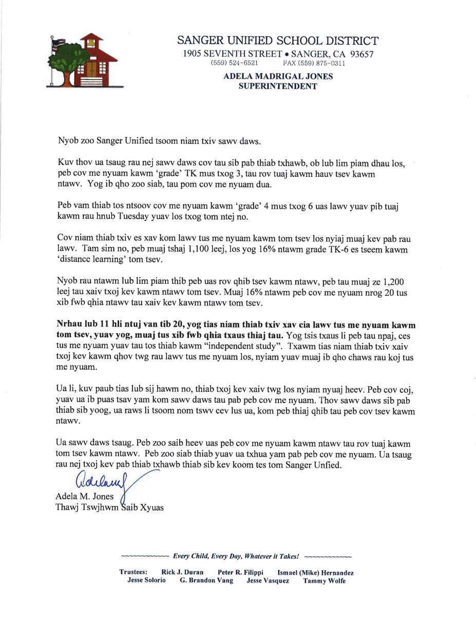 - Please see the attached letter from Superintendent Jones.
- Consulte la carta adjunta del Superintendente Jones.
- Thov saib cov ntawv nram qab no ntawm Tus Thawj Saib Xyuas Tsev Kawm Ntawv Jones.