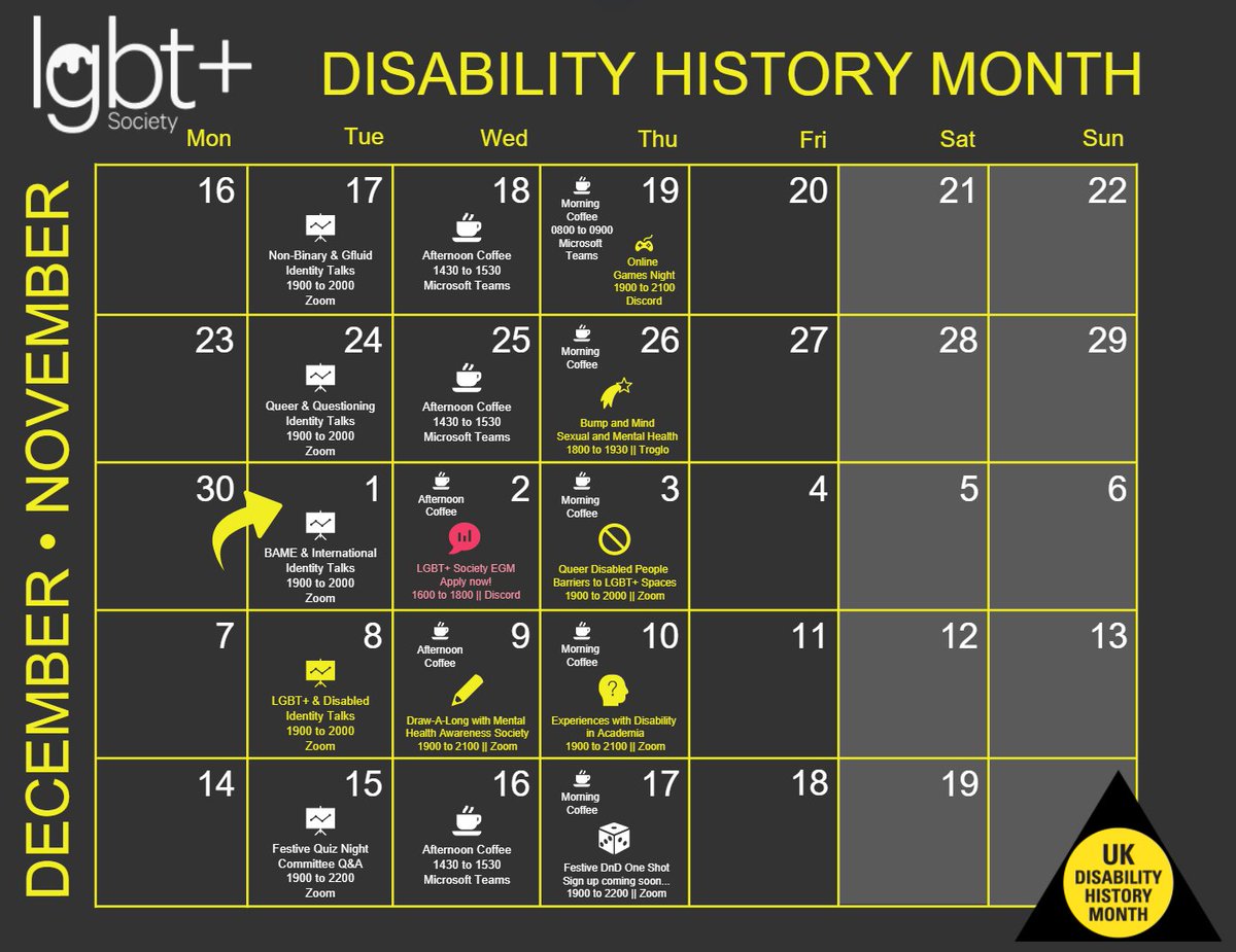 Here are your events for November- December, specifically for disability history month, hope to see some of you there! 🏳️‍🌈