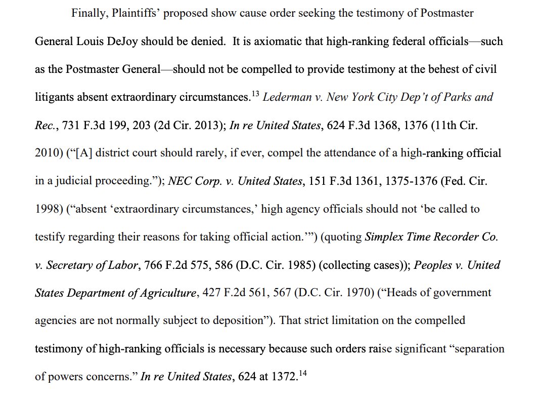 In reply, USPS argues that its obligations are complete now that the plaintiffs in the lawsuit have successfully voted, making their claims mootIn addition, they say DeJoy should not be compelled to testify because these are not the "extroardinary circumstances" that warrant it