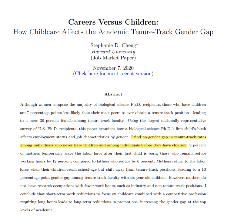  As diferenças entre sexos na estabilidade das carreiras académicas são amplamente explicadas pela maternidade.via  @Scientific_Bird  https://scholar.harvard.edu/files/sdcheng/files/sdcheng_kids_jmpv6.pdf