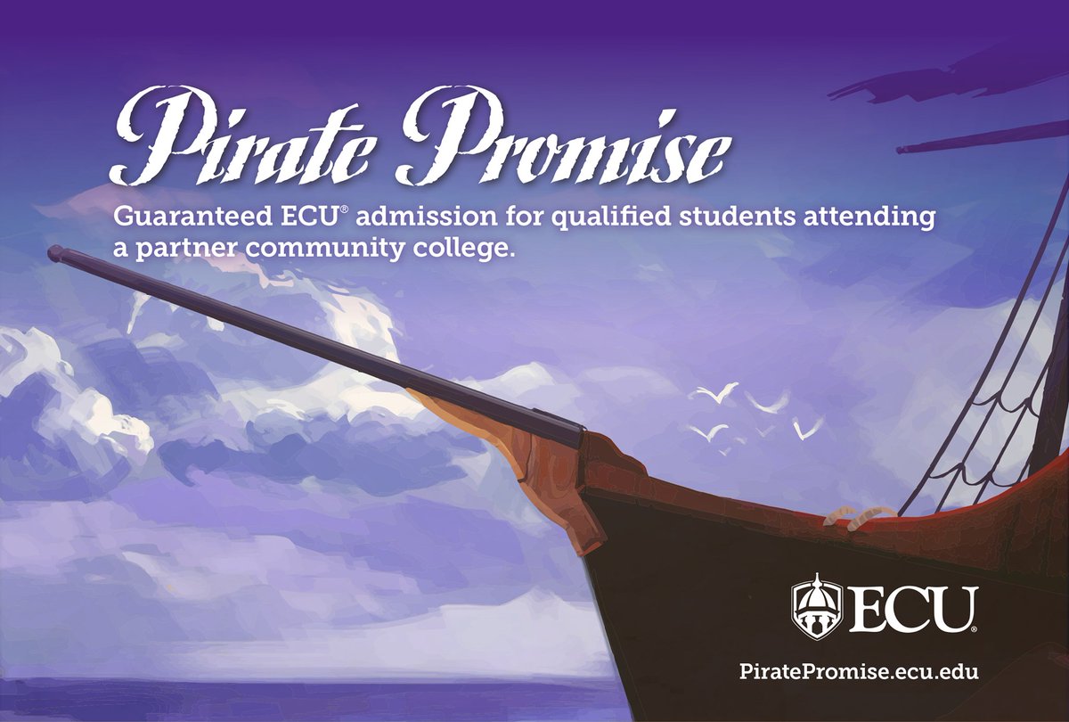 Applications for ECU's Pirate Promise transfer program are now open! Students at parter community colleges can receive guaranteed ECU admission, waived app fee, support, and more.

Join us for an info session this Thursday, 11/19 at 5pm to learn more.
piratepromise.ecu.edu