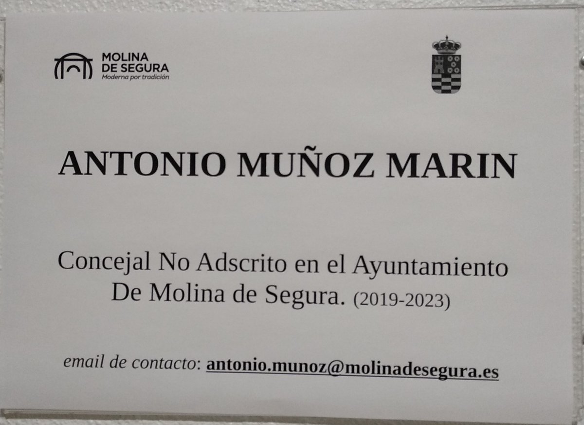 AMunozM75's tweet photo. Mi nombre es Antonio Muñoz, concejal No Adscrito en @AytMolinaSegura.

Quería informar a todos uds. que estoy a su disposición, en el Edificio El Reten, 1ª planta.
Email de contacto  antonio.munoz@molinadesegura.es
o en el telf. 968 388677, ext. 5707 (máx. conf.)
#MolinaDeSegura https://t.co/4K9NNLWFSv