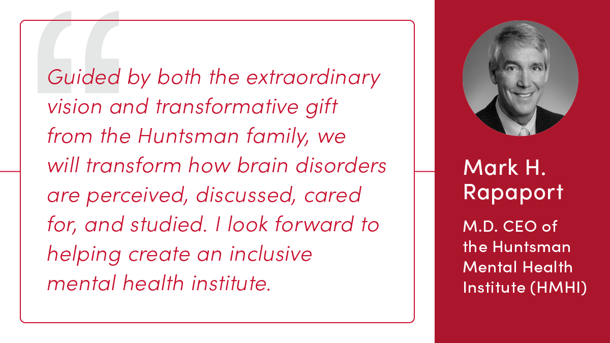 We are happy to share that <a href="/RapaportMark/">Mark Hyman Rapaport, MD</a> is the new CEO of the Huntsman Mental Health Institute &amp; the Chair of the Department of Psychiatry at the <a href="/UofUHealth/">University of Utah Health</a> School of Medicine. Can't wait to see how his contributions will continue to build our institute.healthcare.utah.edu/publicaffairs/…