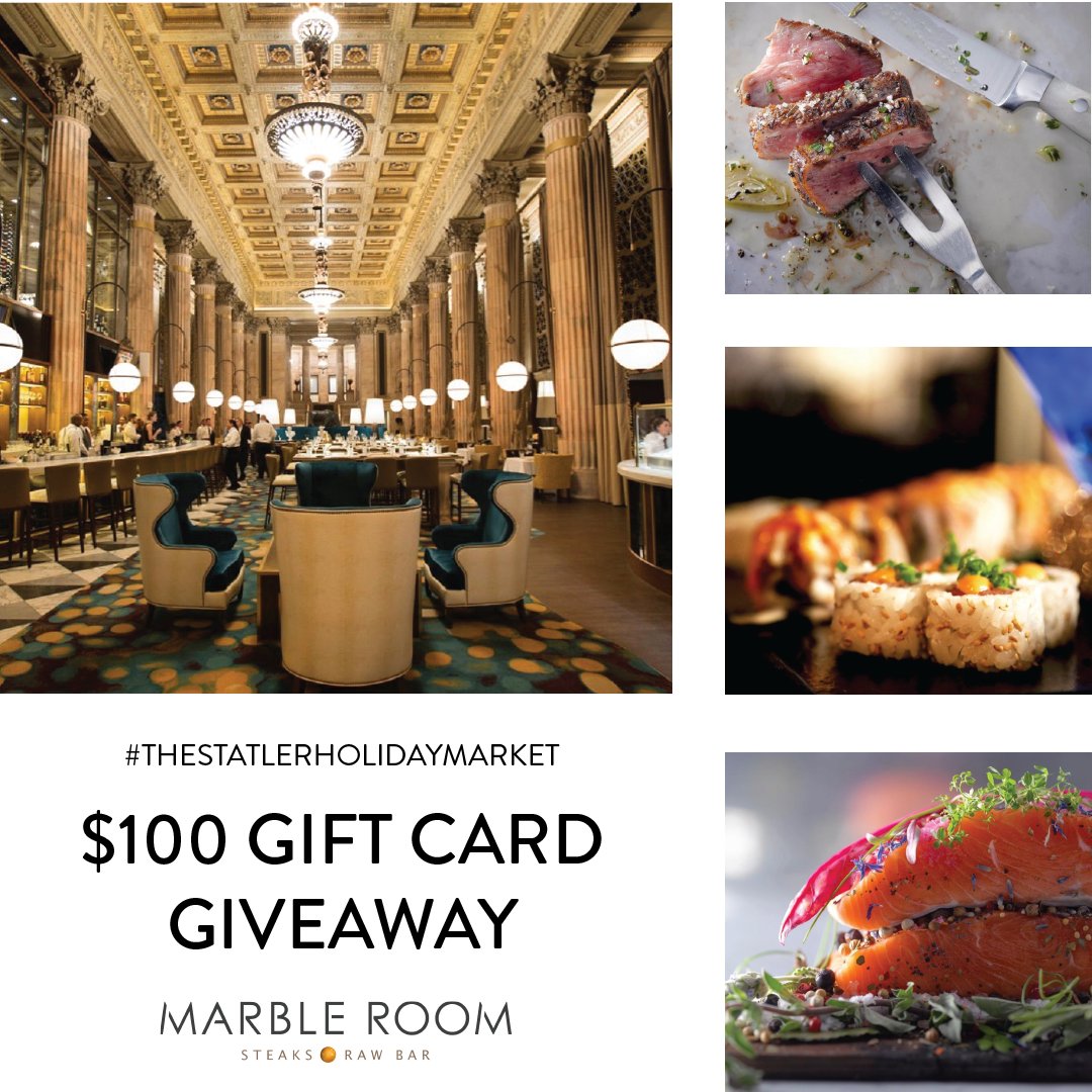 TheStatlerCle's tweet photo. GIVEAWAY ANNOUNCEMENT!!

While at the Holiday Market this Saturday, post a photo of the event on Instagram and use the hashtag #TheStatlerHolidayMarket for a chance to win a $100 gift card to Marble Room Steaks &amp; Raw Bar. Head to the link in our bio to learn more. https://t.co/p52Lb5js6v
