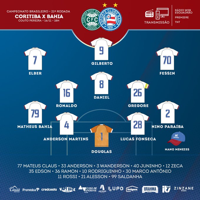 bilularj's tweet photo. ⚽️ @Coritiba x @ECBahia 
🏟️ Couto Pereira
⏰ 18:00
🏆 @Brasileirao 

📋 Times escalados https://t.co/aaAAyjFhkl