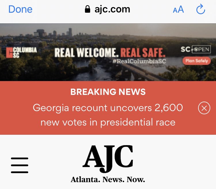    Recount in One GA County Uncovers 2,500+ Uncounted Votes; Gives Trump a 778 Vote Gain.The once-uncounted votes, gives1,643 for  @realDonaldTrump.865 for  @JoeBiden.This in a state where Trump trailed by 14,155 votes pre-recount.The new numbers are preliminary.