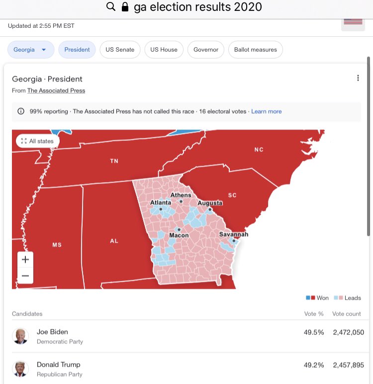    Recount in One GA County Uncovers 2,500+ Uncounted Votes; Gives Trump a 778 Vote Gain.The once-uncounted votes, gives1,643 for  @realDonaldTrump.865 for  @JoeBiden.This in a state where Trump trailed by 14,155 votes pre-recount.The new numbers are preliminary.