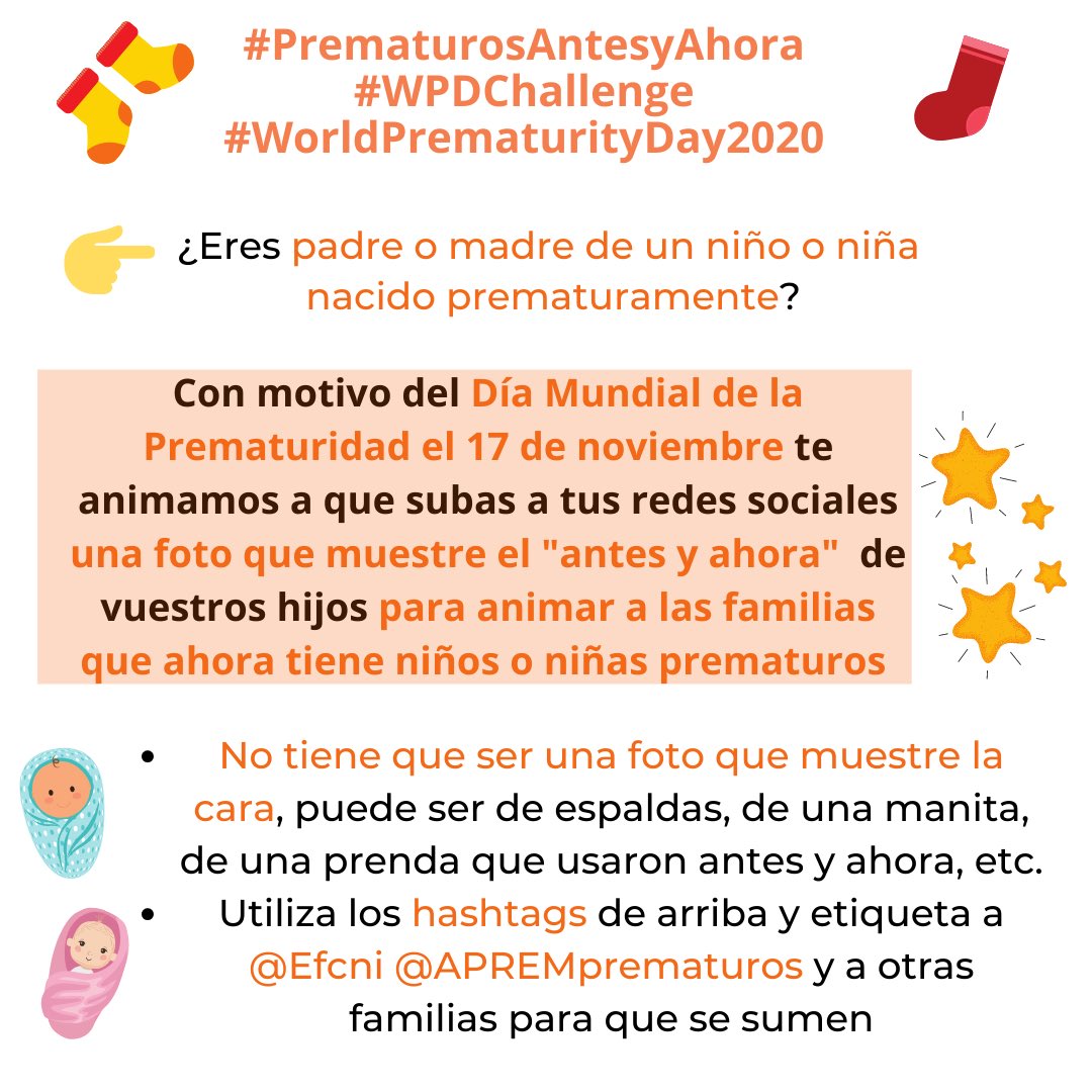 APREMprematuros's tweet photo. #DiaMundialdelaPrematuridad
17 nov.
Padres y madres con hijos prematuros
¿Os sumáis a tuitear fotos mañana que muestren #PrematurosAntesyAhora respetando intimidad de vuestros hijos?
Animaremos a familias que están ahora luchando
#WPDChallenge #WorldPrematurityDay @EFCNIwecare https://t.co/0n0hfqMcR8