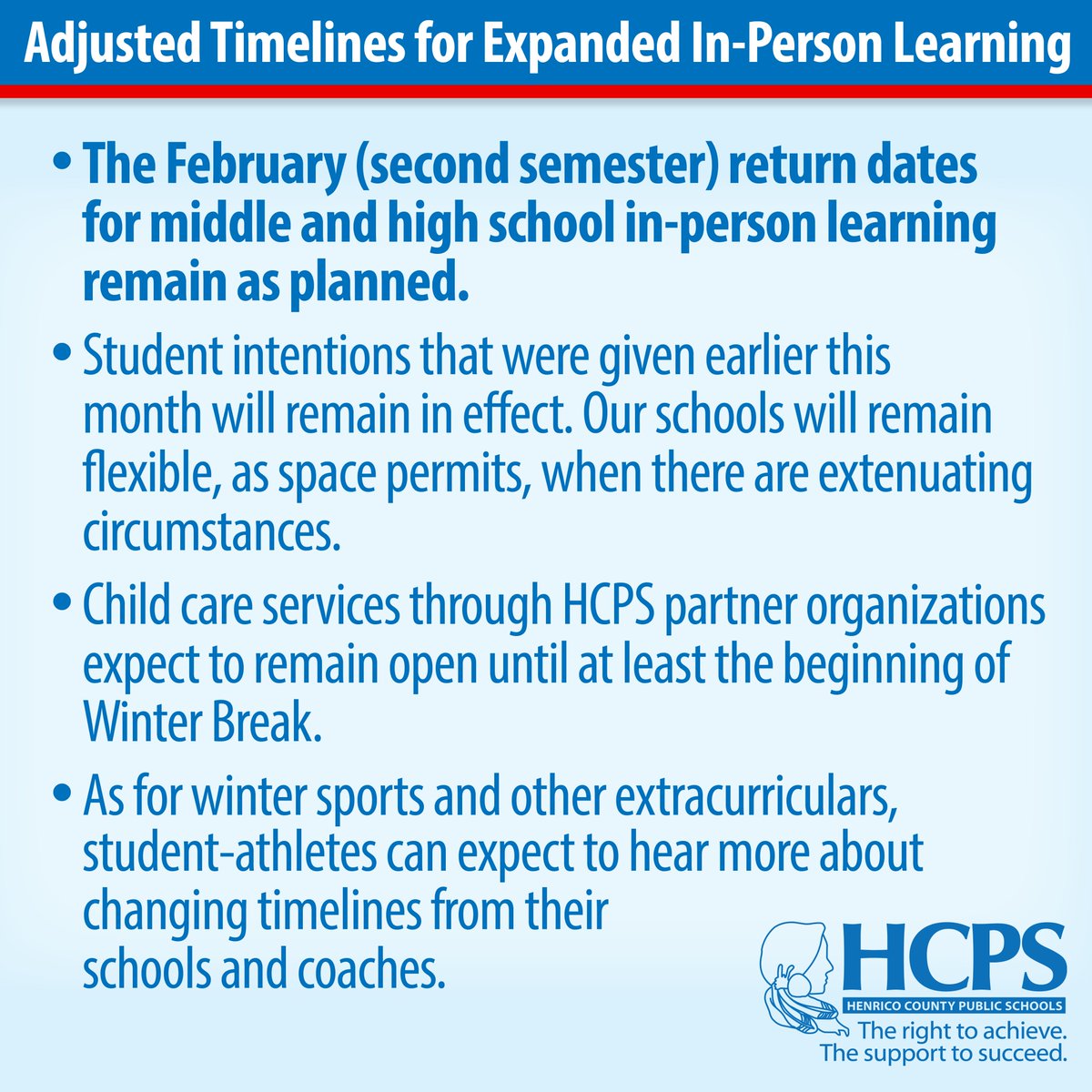 HenricoSchools's tweet image. NEW: HCPS is adjusting the timeline for the expansion of in-person learning until January. Swipe the graphics for headlines. Full parent message here: henricoschools.us/2020/11/16/new…