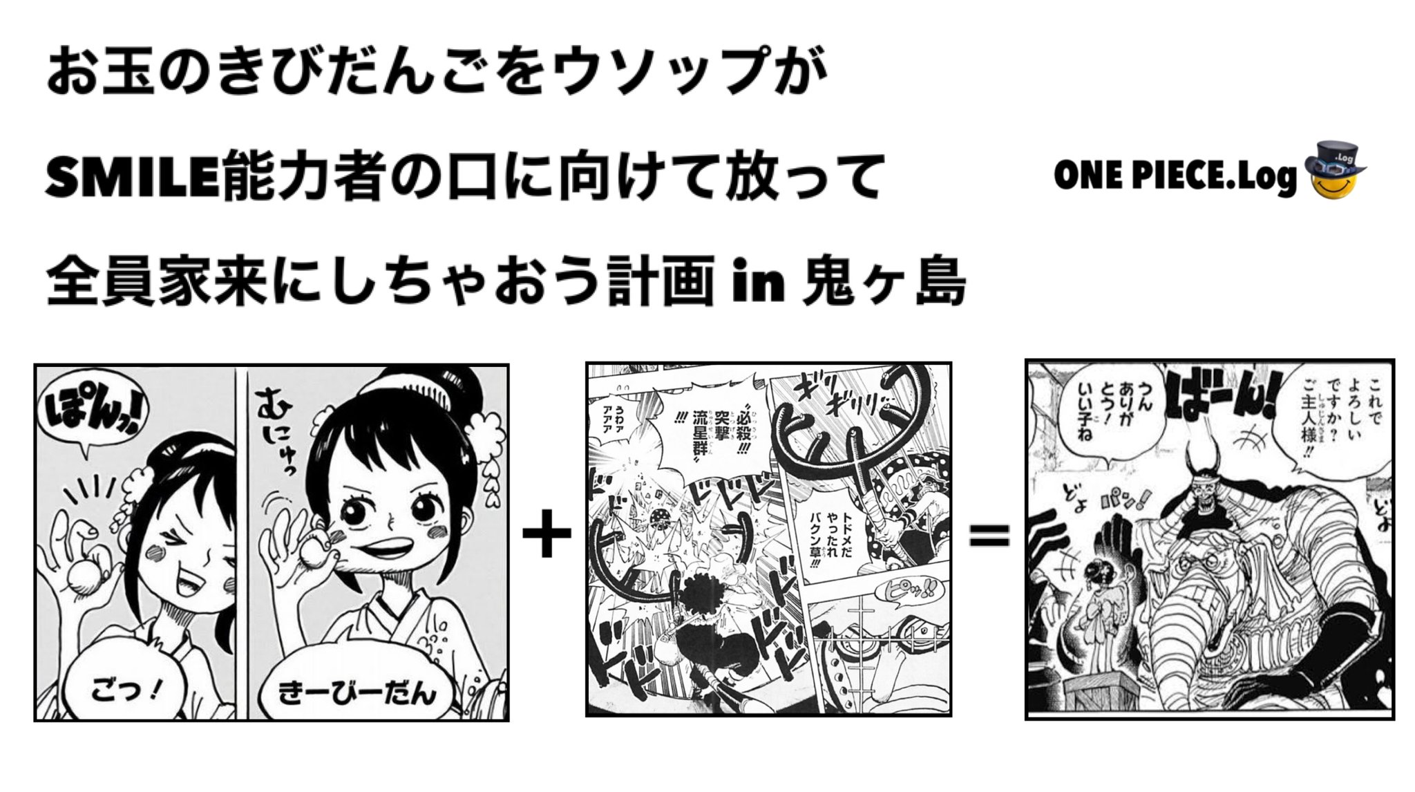 Twitter 上的 Log ワンピース考察 次回以降 お玉が能力で作り出した きびだんご をウソップがsmile能力者の口に狙撃して家来にしてしまおう作戦が始動か 今週のワンピ T Co Qqjfau8wzb Twitter