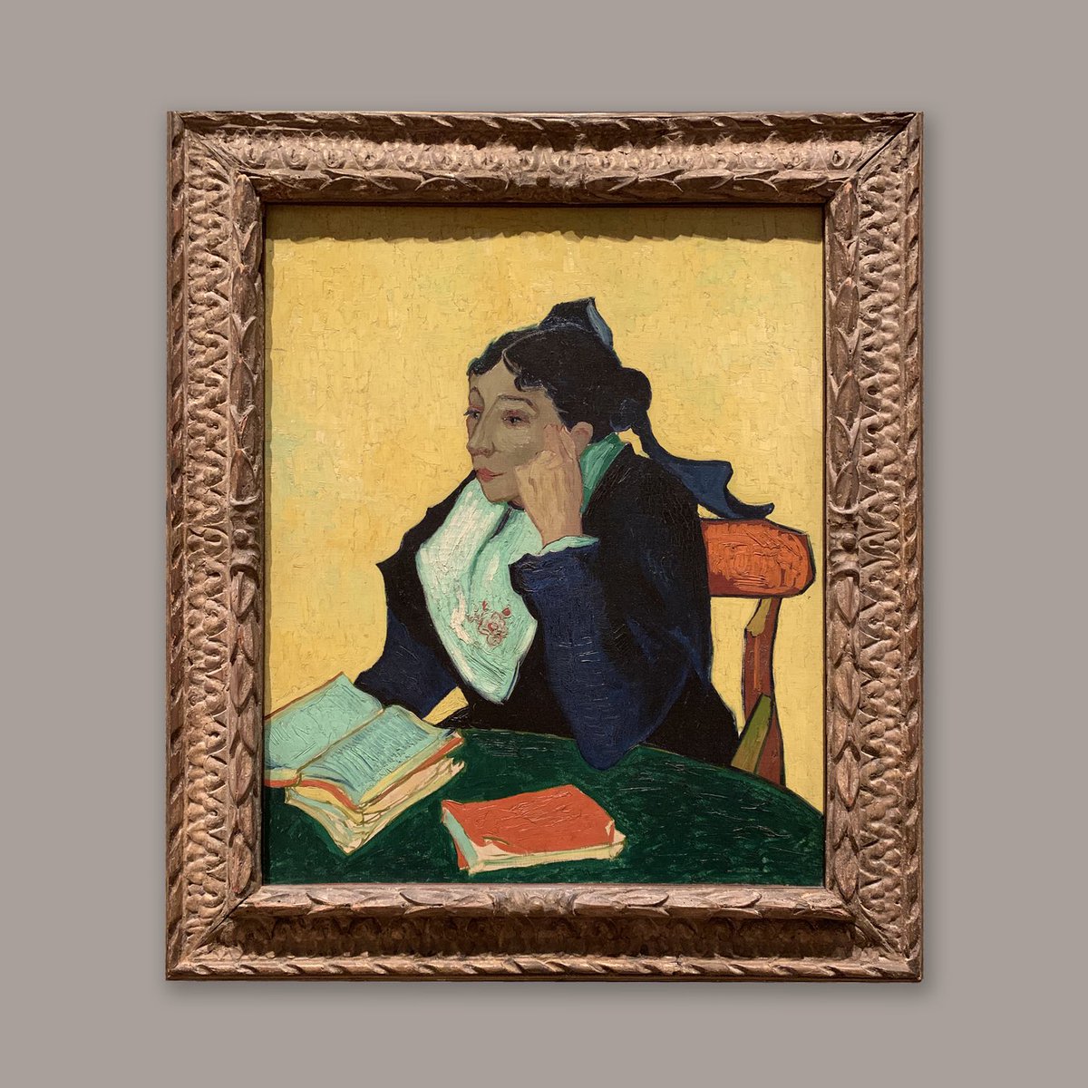 AlaminiCreative's tweet photo. Is it us, or does the woman in this painting have the expression we are all feeling on this Monday?  The painting is L'Arlesienne by Vincent Van Gogh. Our Creative Director took this photo of the painting on a visit to the Metropolitan Museum of Art.  
#MuseumMonday #ACG https://t.co/e7XqjUTOEl