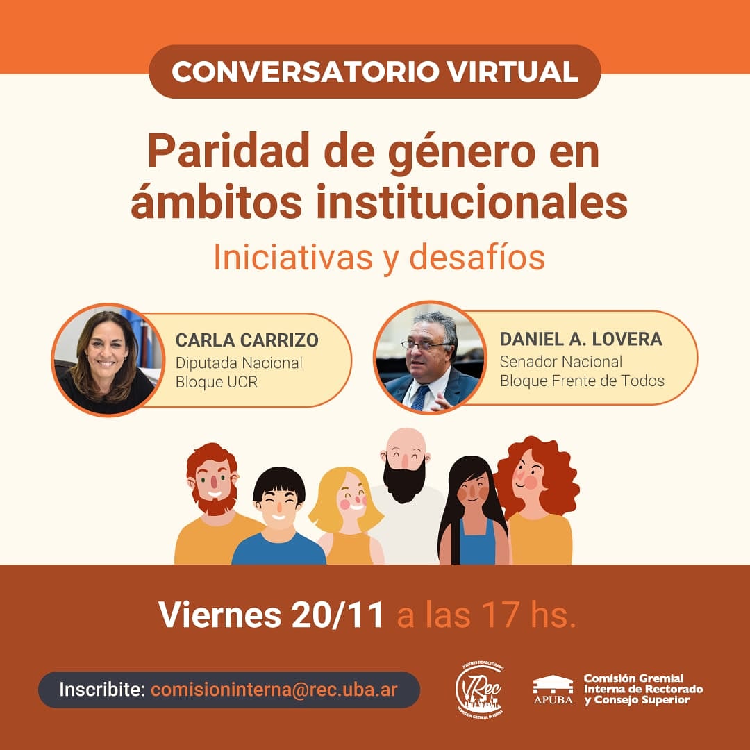 Cominterna_Rec's tweet photo. Paridad de género en ámbitos institucionales
Te invitamos a participar de este conversatorio.
En esta ocasión con la #Diputada #CarlaCarrizo y con el #Senador #DanielLovera 
Para inscribirte  podés hacerlo a través de comisioninterna@rec.uba.ar 
Te esperamos!
#ParidaddeGénero https://t.co/ZsdedfDenH
