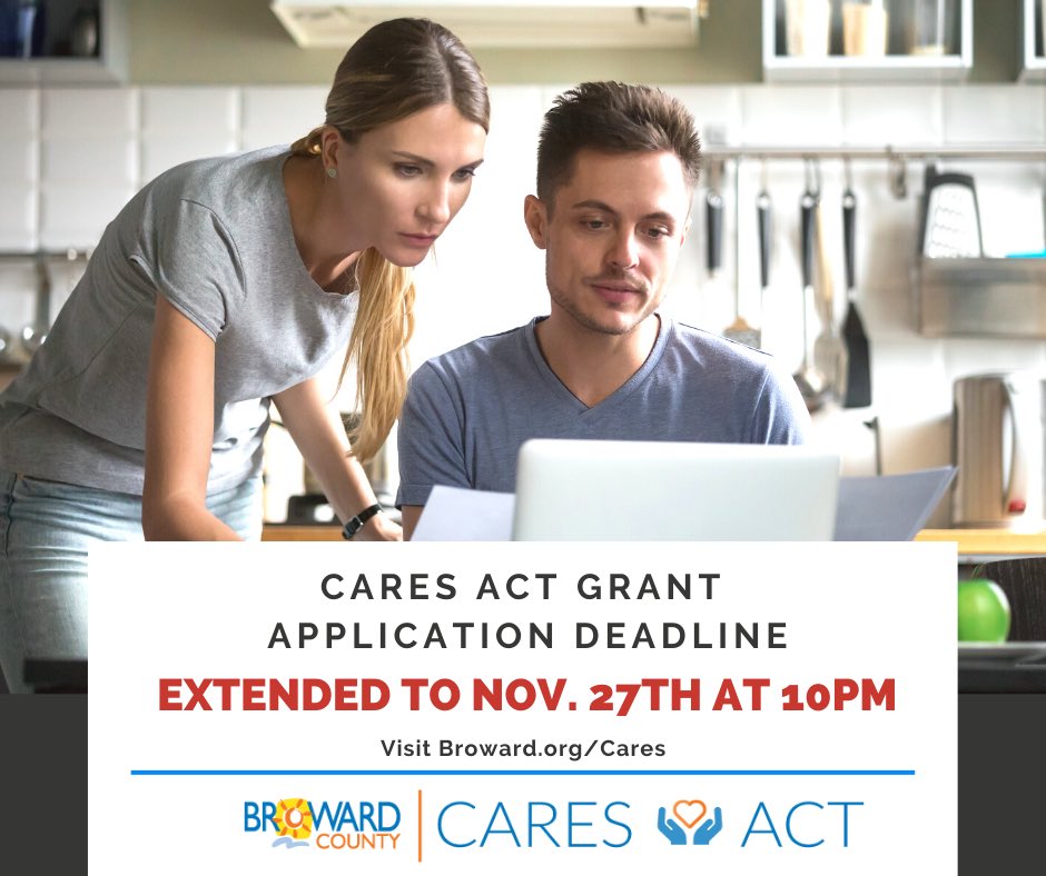 GREAT NEWS: We are extending the CARES Act Grant Application deadline to November 27th at 10PM. APPLY, APPLY, APPLY!
#BrowardCares https://t.co/ZQTOBmTRbq