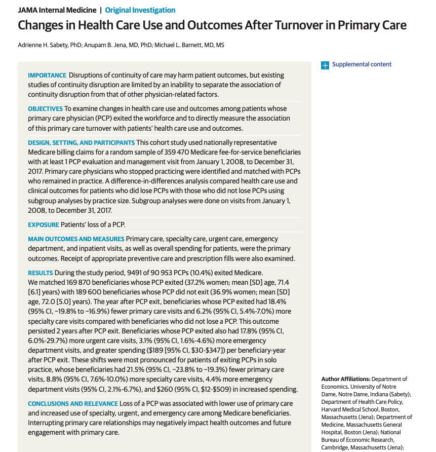 ml_barnett's tweet photo. Let's take a Covid-19 break for a our cool new @JAMAInternalMed paper published today led by @AdrienneSabety, who is a Medicare claims magician and new @NotreDame faculty!

Q: What happens to patients' care when their PCP leaves?

https://t.co/t1kTGpuqUT https://t.co/yZ44tZ5Xk5